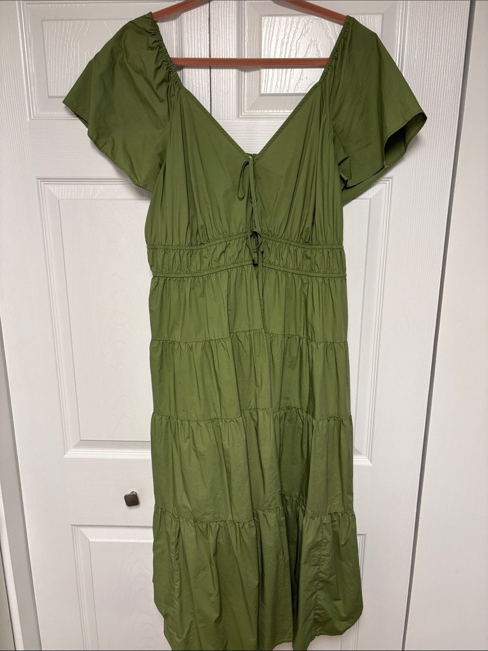 Estelle V-Neck Olive Green Tiered Midi Dress with Tie Detail